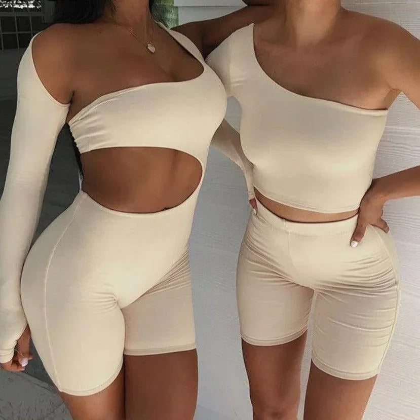 one-shoulder cut-out top and matching high-waisted shorts, party outfit