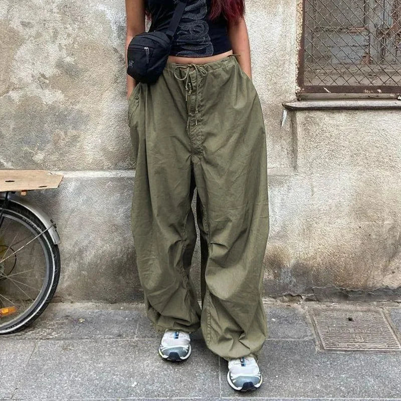 olive wide-leg cargo pants with drawstring, casual street style