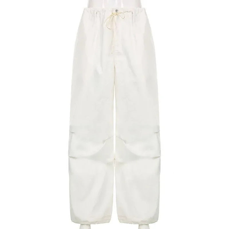 White drawstring cargo pants, casual style.