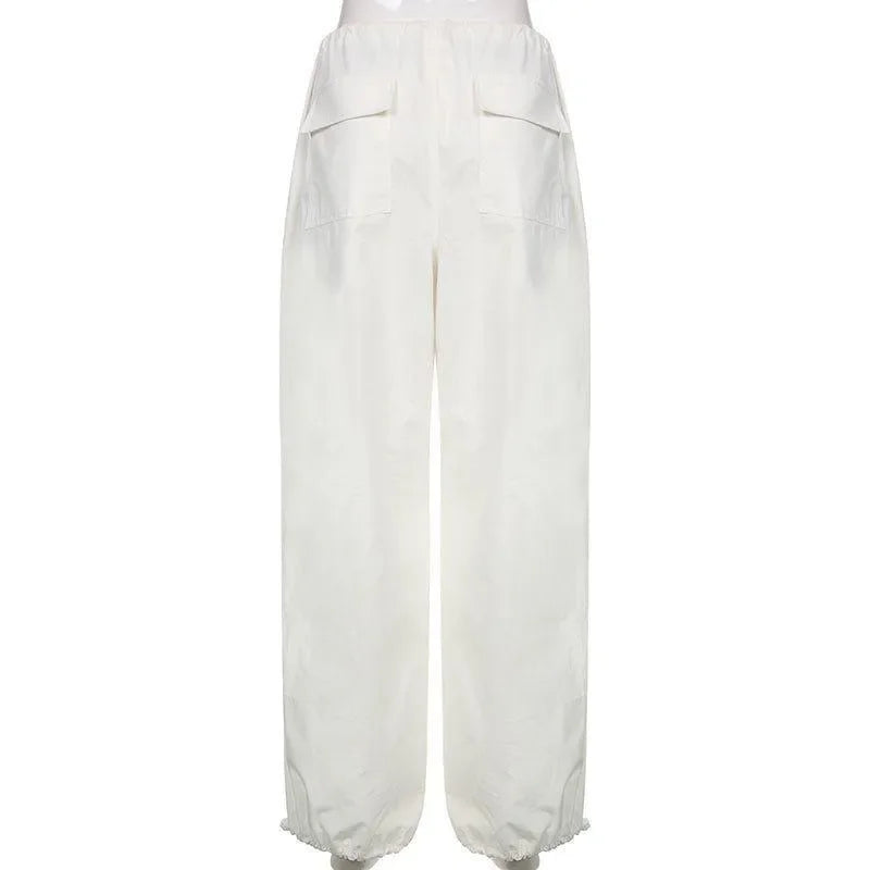 white wide-leg cargo pants with elastic cuffs