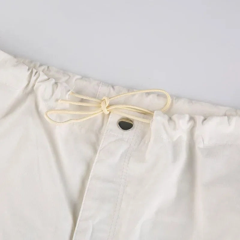 white ruched drawstring skirt with button detail