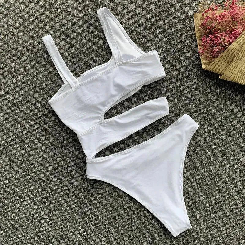 white cut-out swimsuit with asymmetrical straps