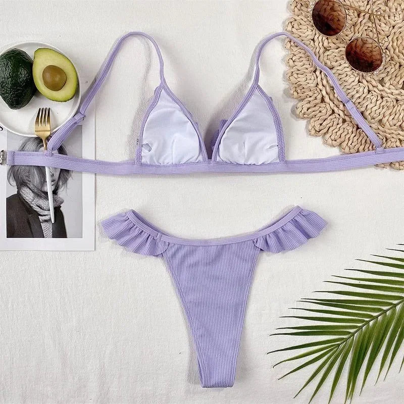 lavender ruffled bikini set