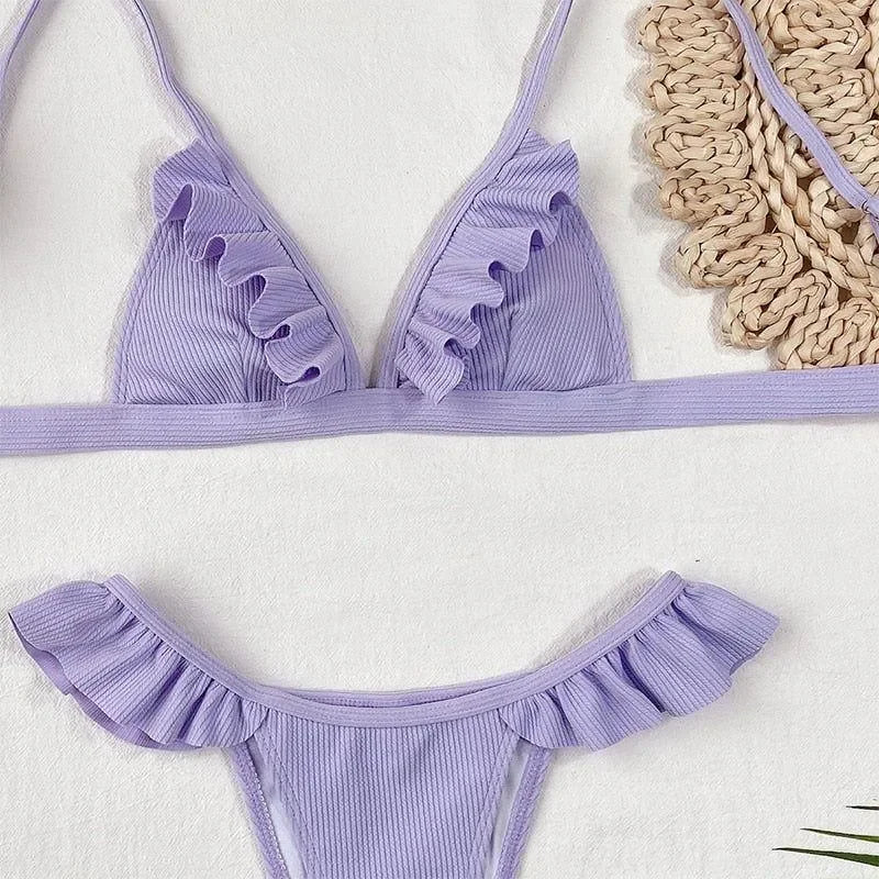 ruffled ribbed bikini set in lavender