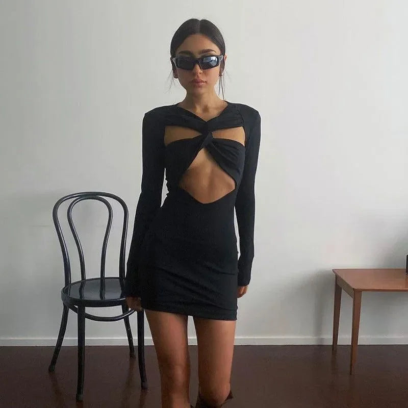 Caroline Cut Out Long Sleeve Mini Dress - Black / S - Mermaid Way