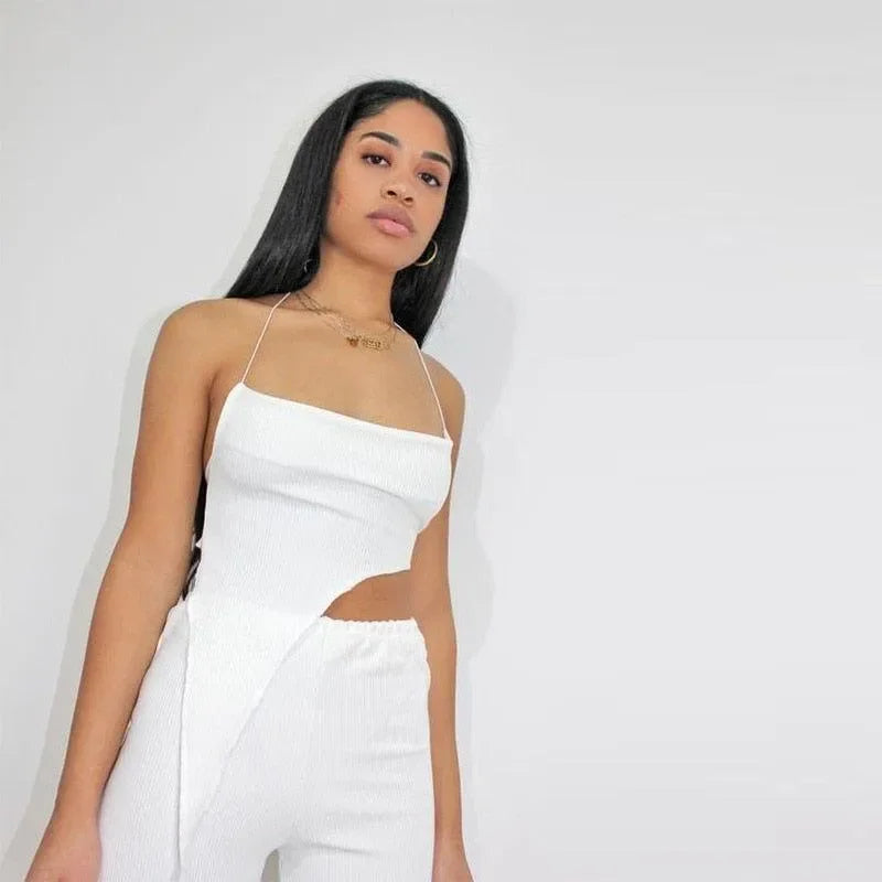 asymmetrical white two-piece set with spaghetti straps, evening look