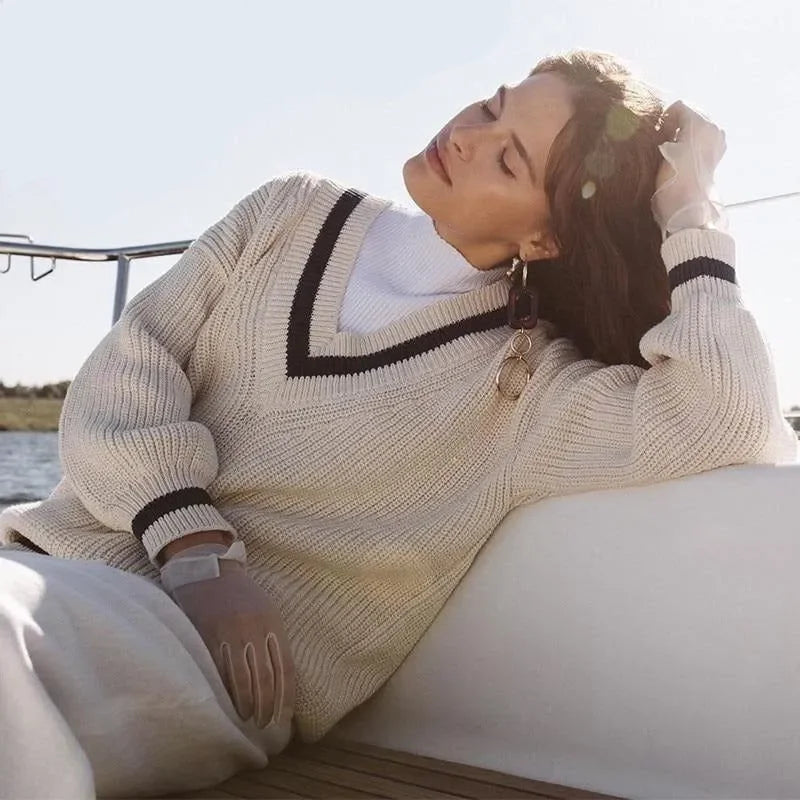 oversized knit sweater with contrasting trim, casual daywear