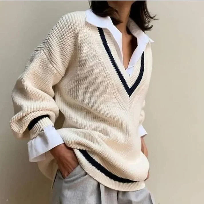 oversized knit sweater with V-neck and contrast trim, casual wear
