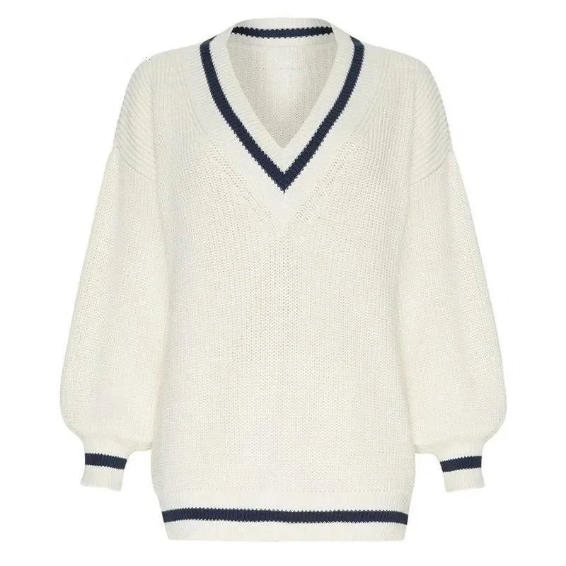 oversized knit sweater with v-neck and striped details