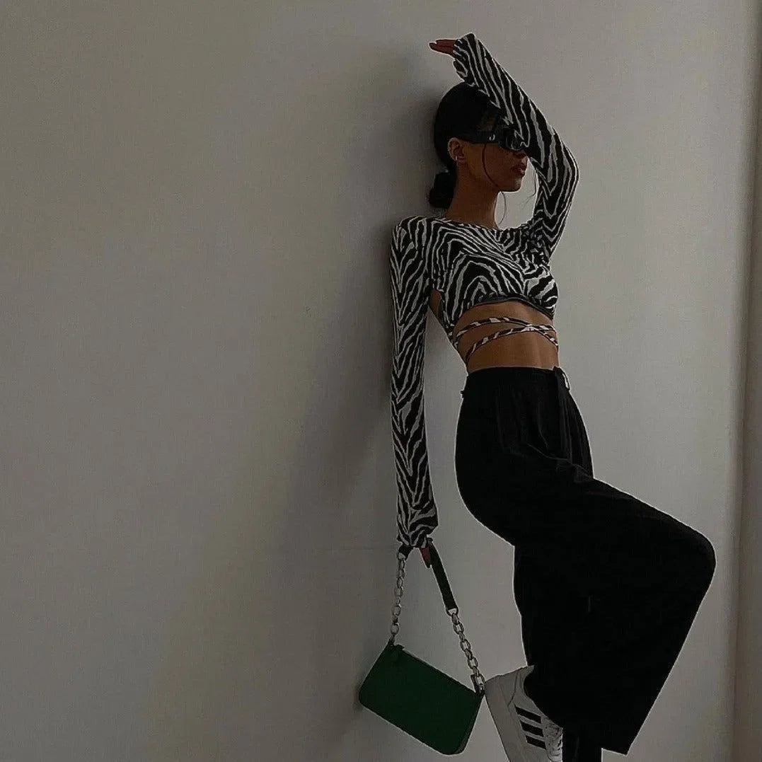 zebra print long-sleeve crop top with wrap straps, casual style