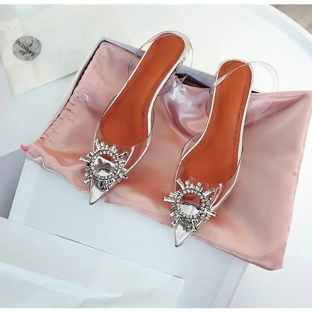 clear pointed-toe heels with crystal embellishments, elegant footwear
