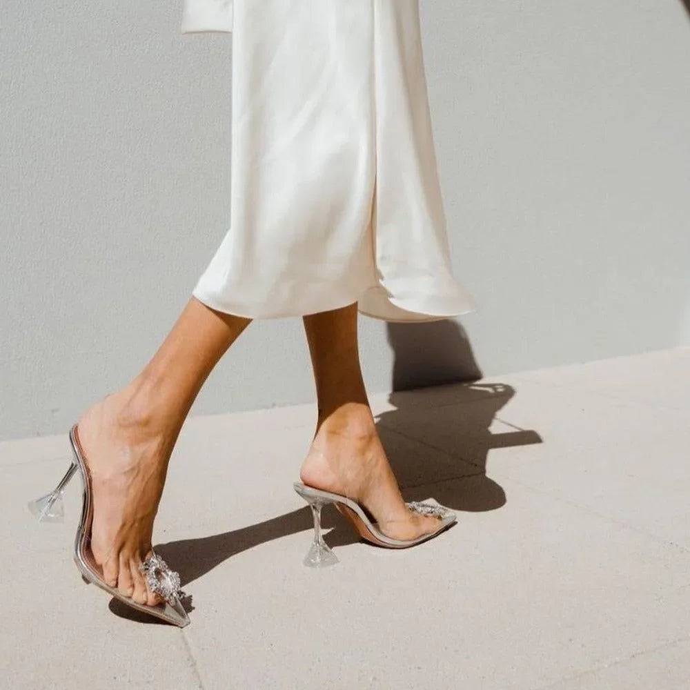 crystal heels with pointed toe, satin midi skirt