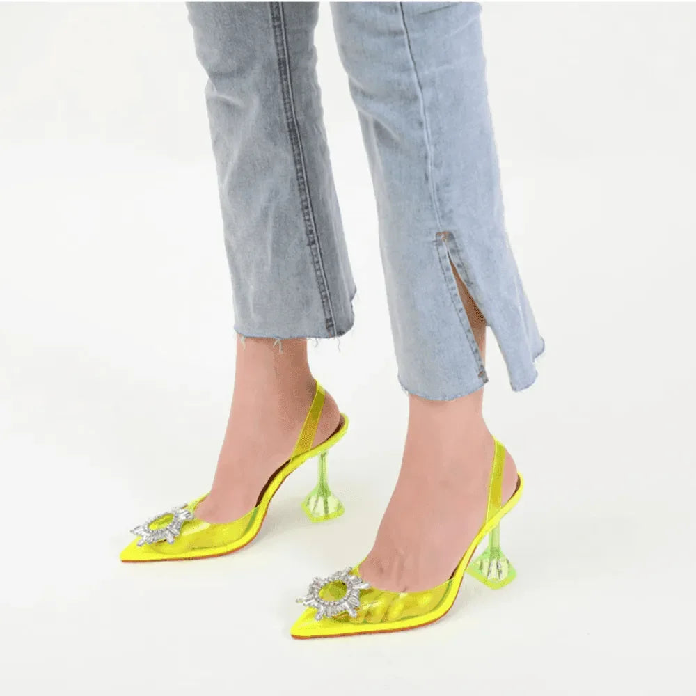 Color Cinderella Pointed Toe Crystal Brooch Heels - Yellow / 3 - Mermaid Way