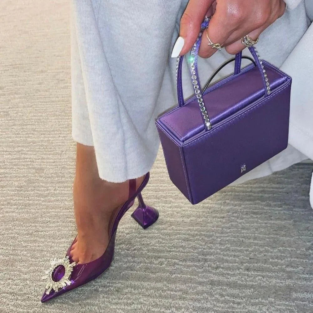 Color Cinderella Pointed Toe Crystal Brooch Heels - Purple / 4 - Mermaid Way