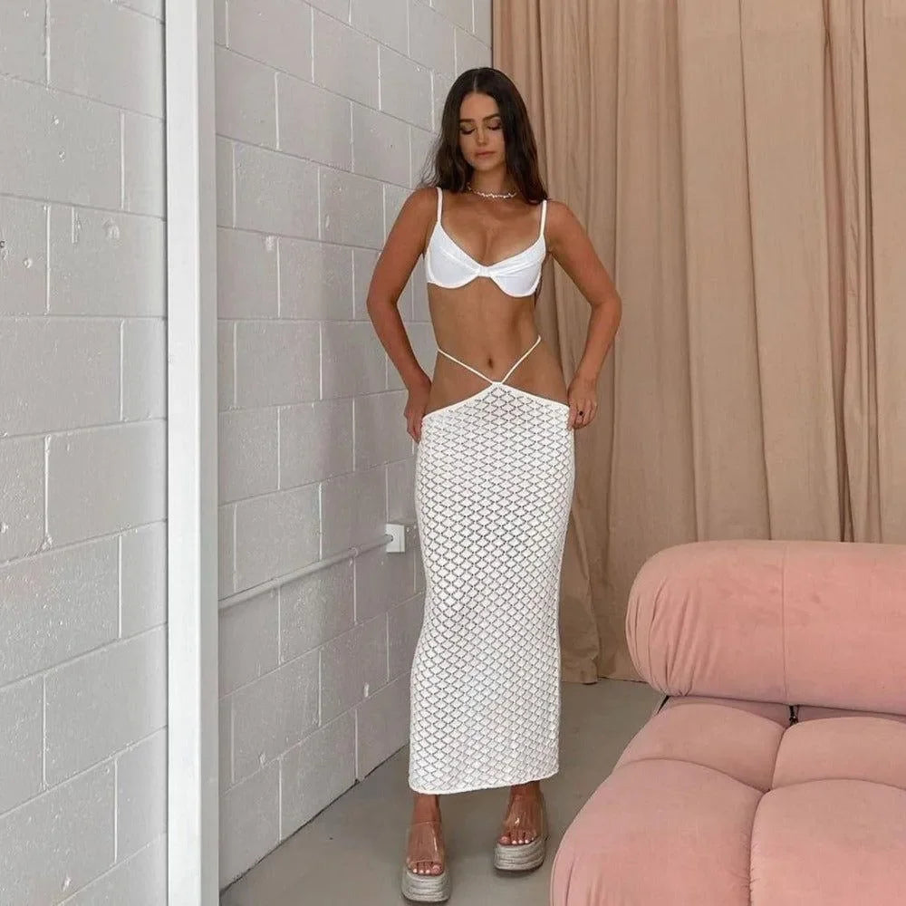 crochet maxi skirt and strappy bikini top, beach look
