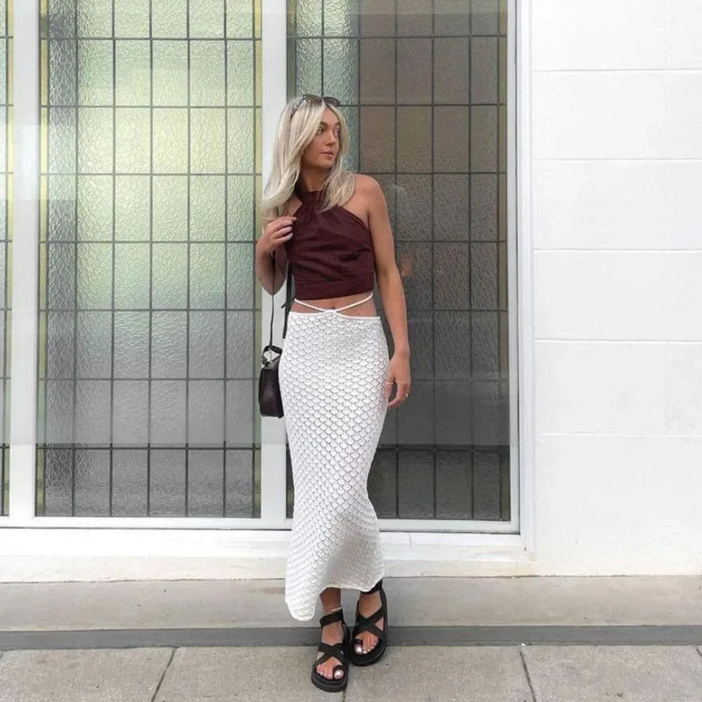 Halter crop top with crochet maxi skirt, casual chic look