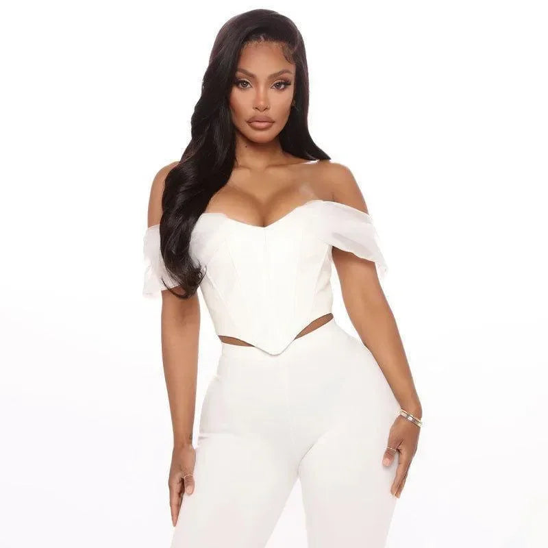 off-shoulder white top with sweetheart neckline
