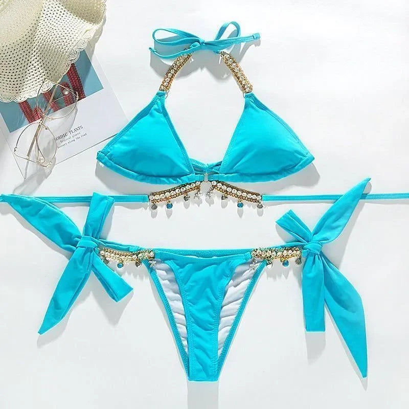 Crystal Rhinestone Detail Triangle Tie Side Halter Bikini - Blue / S - Mermaid Way