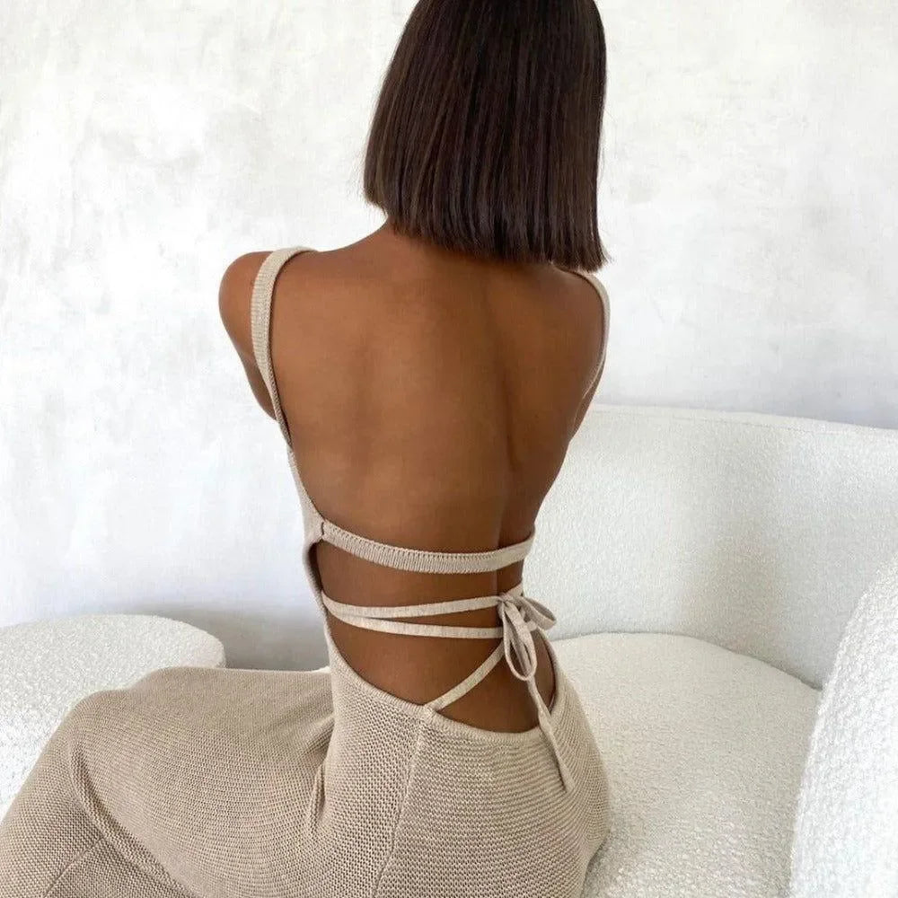 knit backless dress with tie straps, evening look