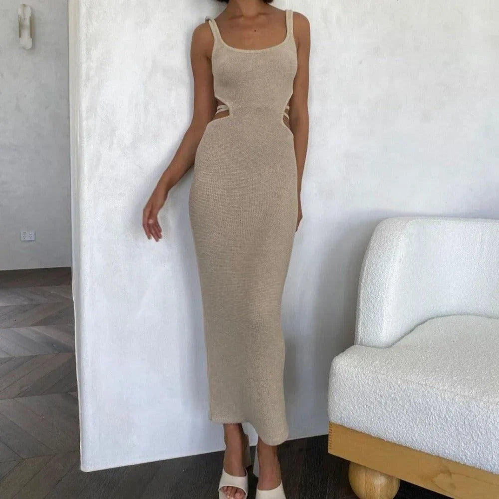 knit bodycon midi dress with side cutouts, casual chic style