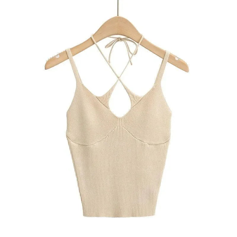 ribbed knit halter top with criss-cross back, casual style