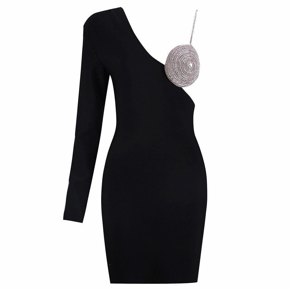 one-shoulder mini dress with rhinestone detail, evening look