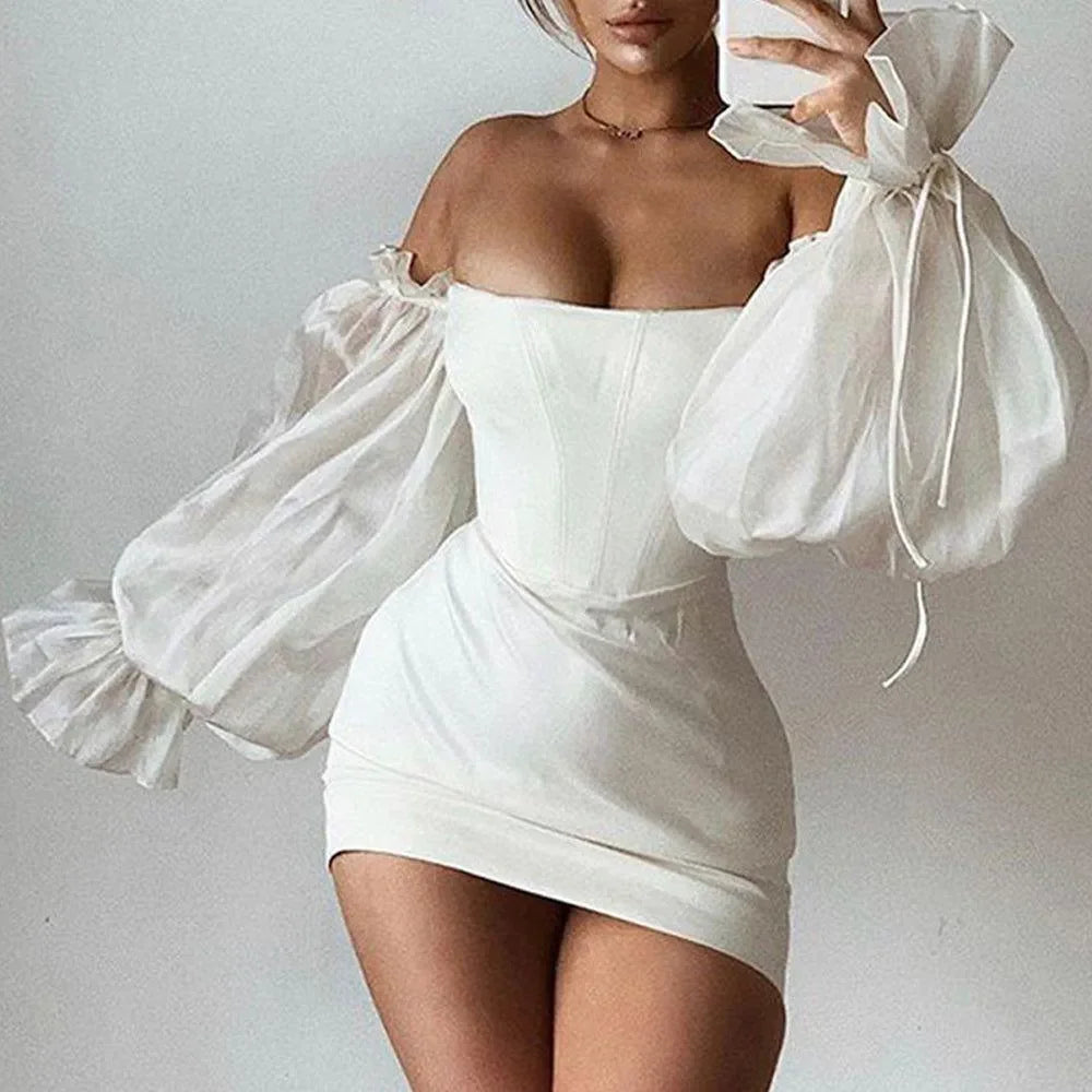 Delia Off Shoulder Puff Sleeve Mini Dress - White / S - Mermaid Way