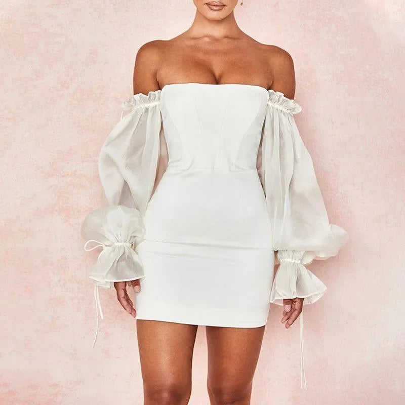 Delia Off Shoulder Puff Sleeve Mini Dress - White / S - Mermaid Way
