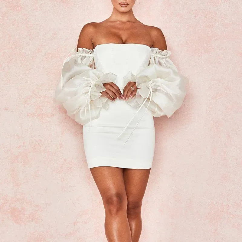 off-shoulder mini dress with sheer puff sleeves, evening look