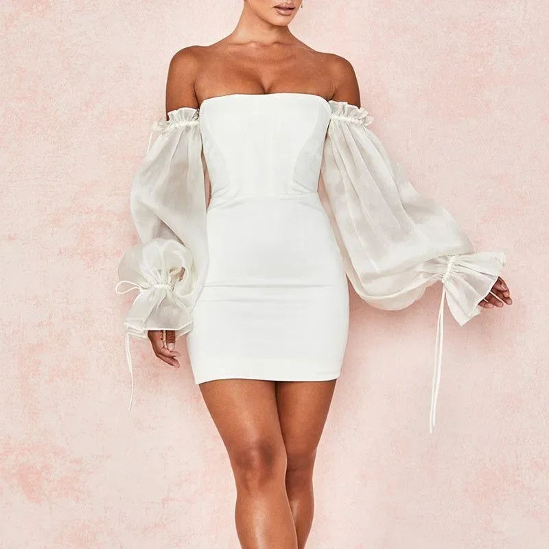 off-shoulder mini dress with sheer puff sleeves, evening look