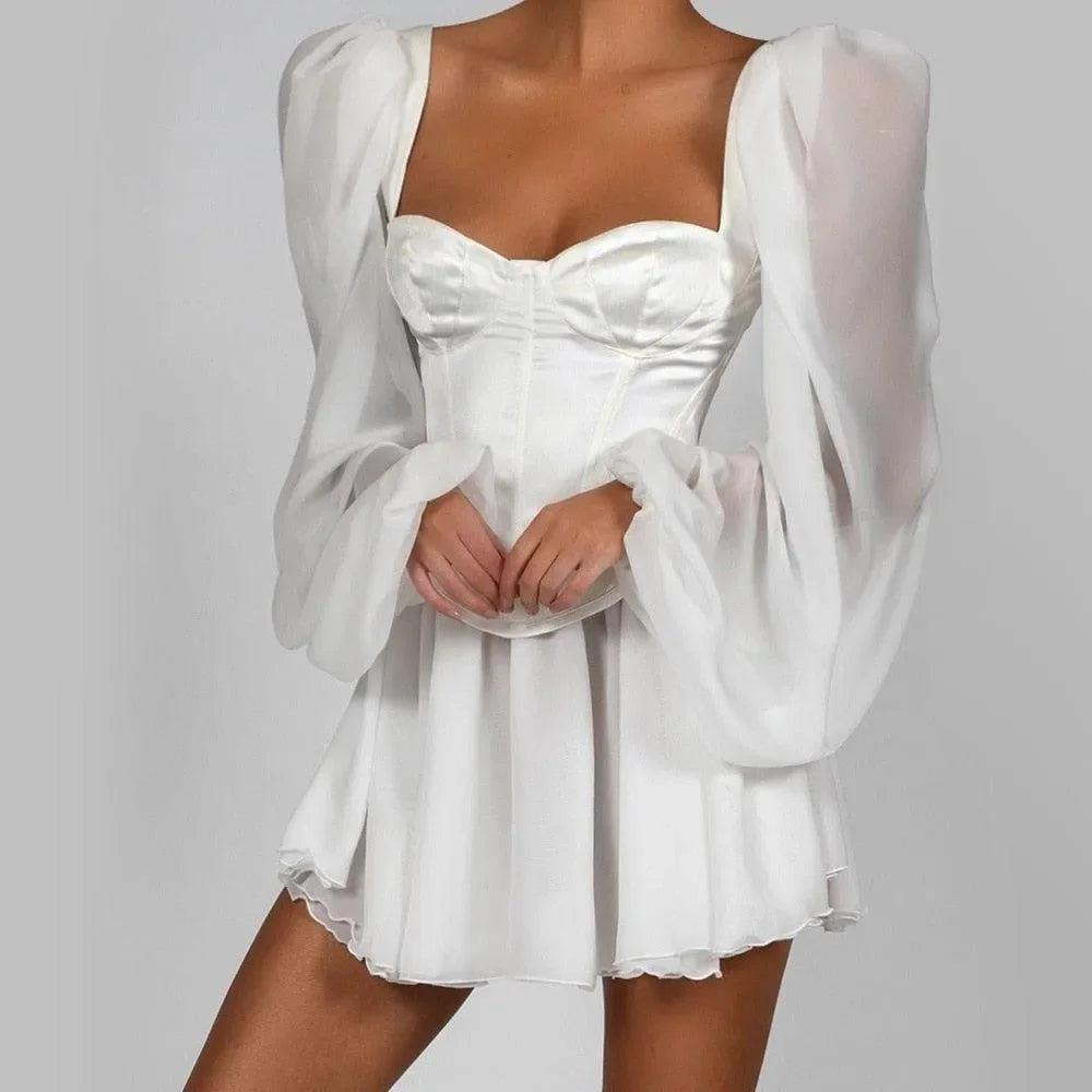 Deonne Puff Sleeve Satin Corset Mini Dress in White Deonne Puff Sleeve Satin Corset Mini Dress in White