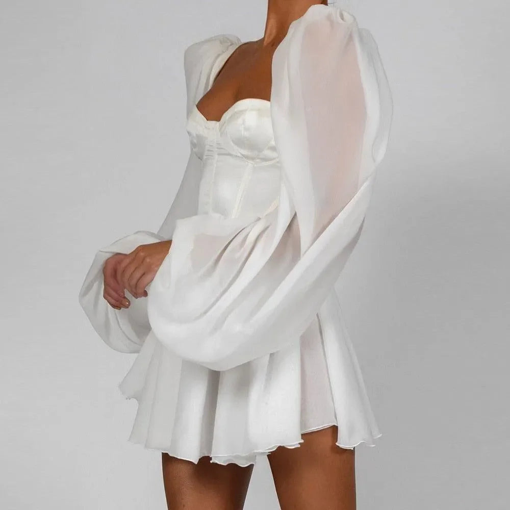 white satin mini dress with puffed sheer sleeves, evening wear