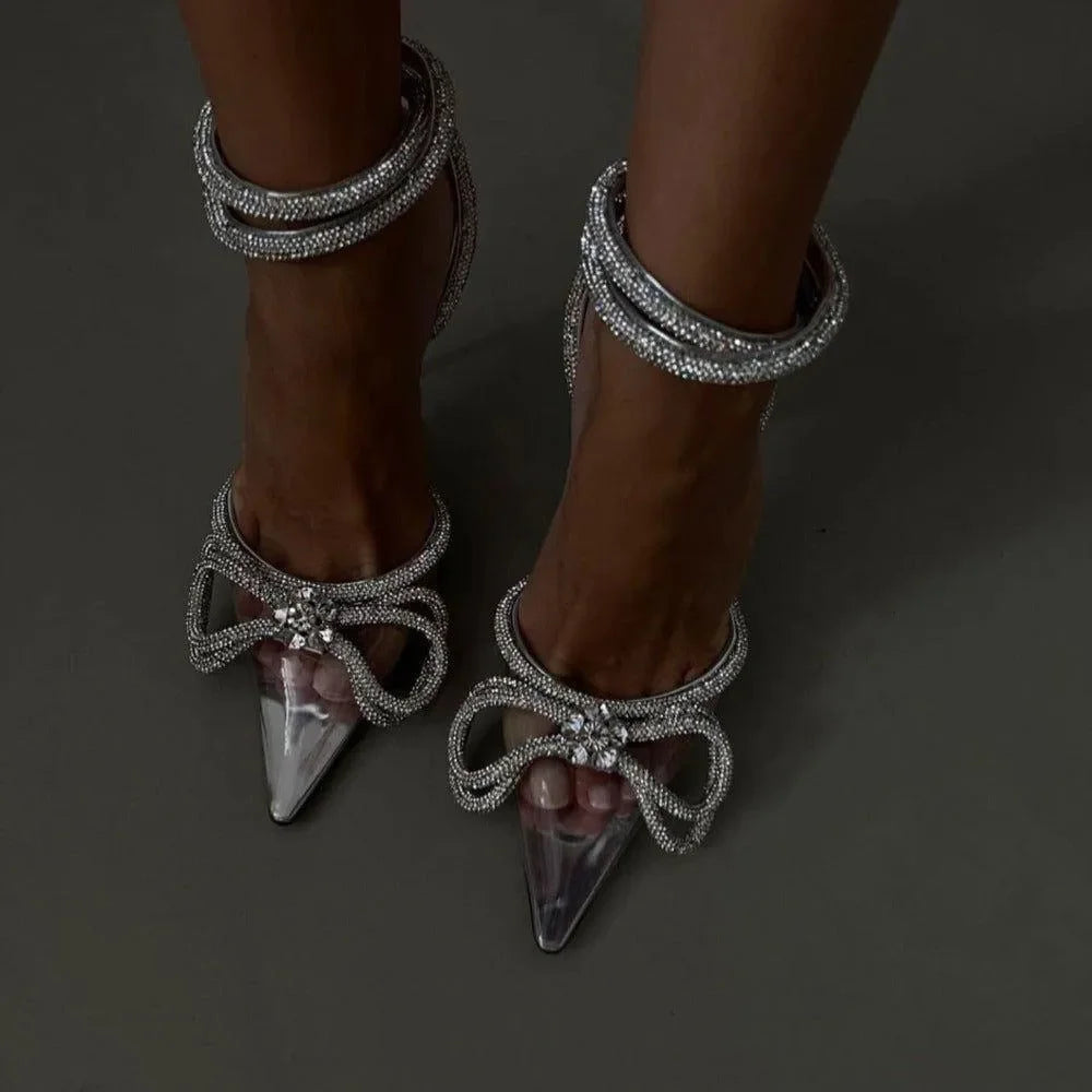Diamante Bow Wrap Around Perspex Heels - Clear / 4 - Mermaid Way