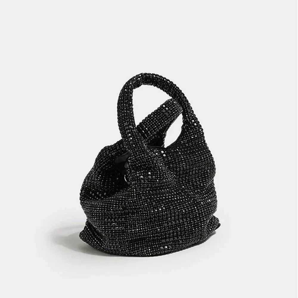 Black rhinestone-embellished mini handbag for evening use.