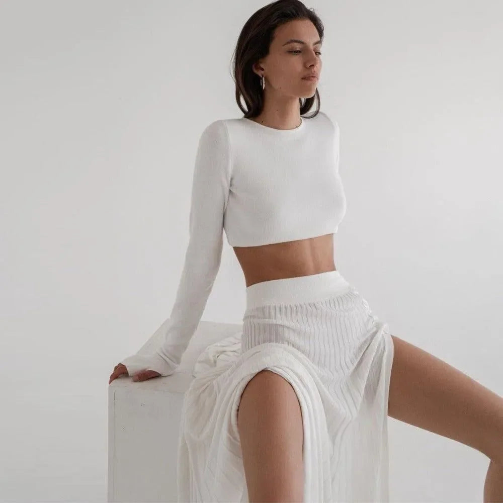 Elaine Sweater Cropped Top Midi Skirt Two-Piece Set - Beige / XS/S - Mermaid Way