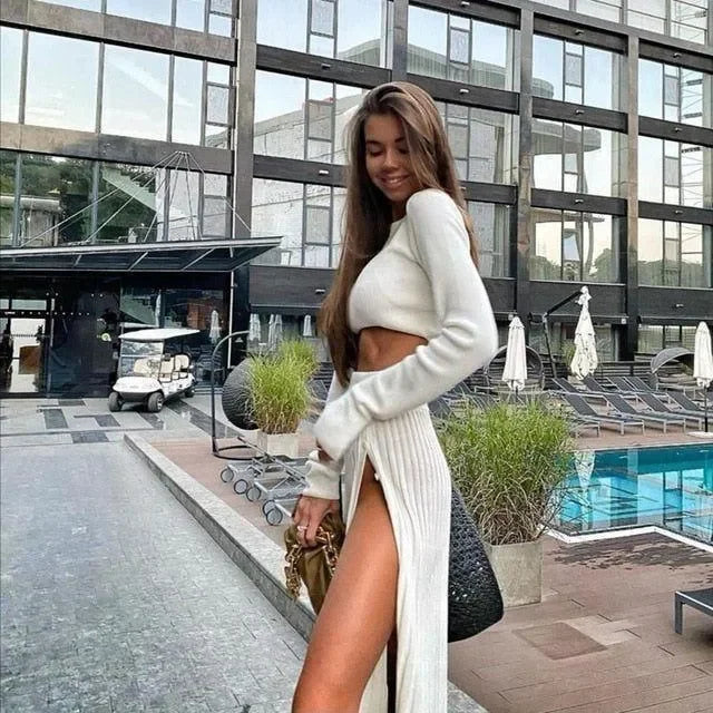 Elaine Sweater Cropped Top Midi Skirt Two-Piece Set - Ivory / XS/S - Mermaid Way