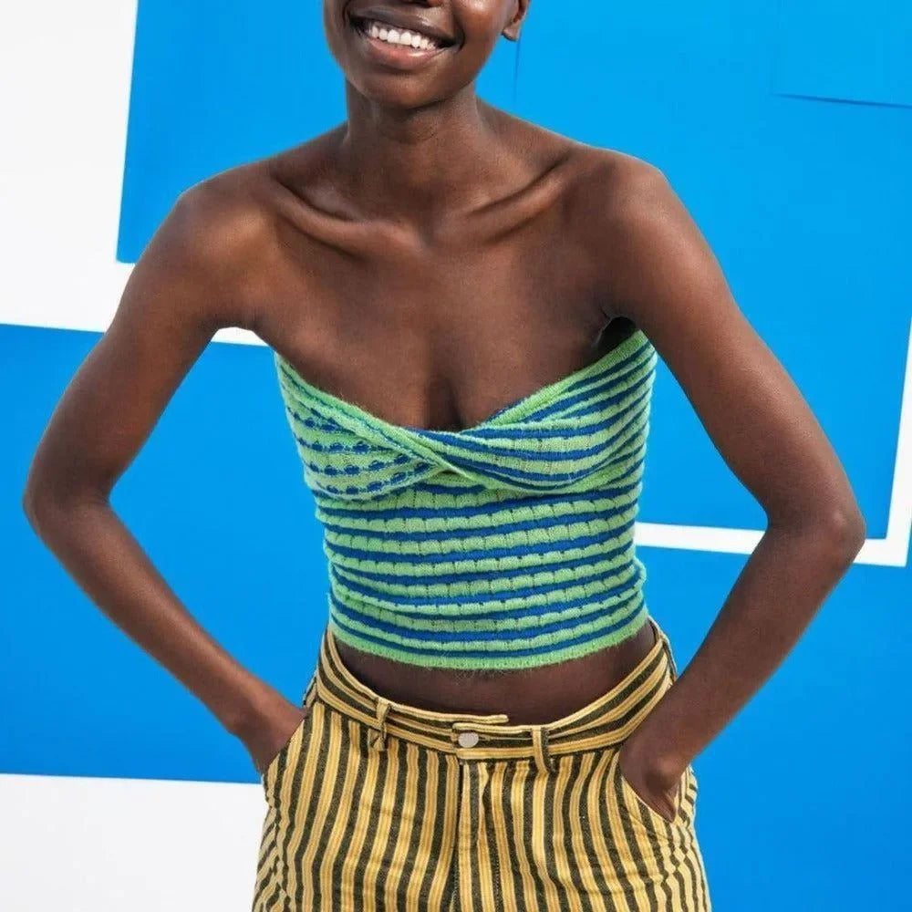 Euro Striped Twist Cutout Strapless Knitted Crop Top - Light Green / S - Mermaid Way