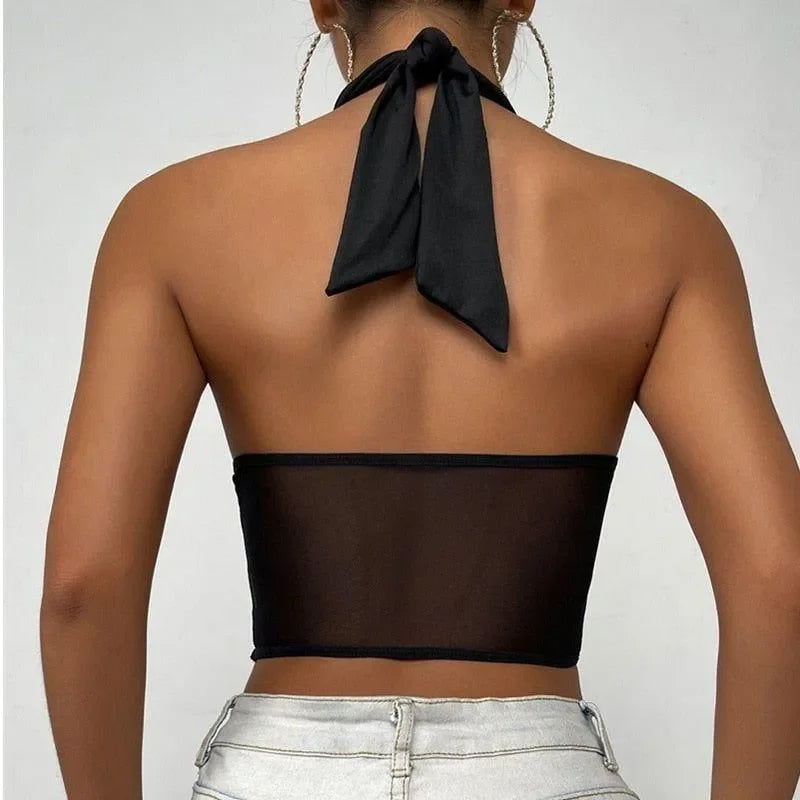 mesh and satin halter top, party outfit