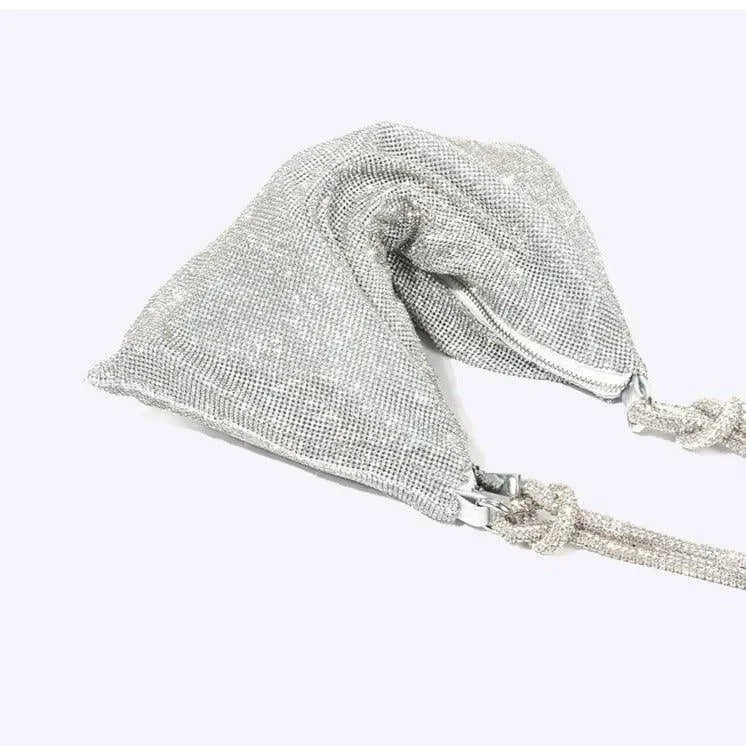 silver rhinestone bag with knotted strap, party accessory