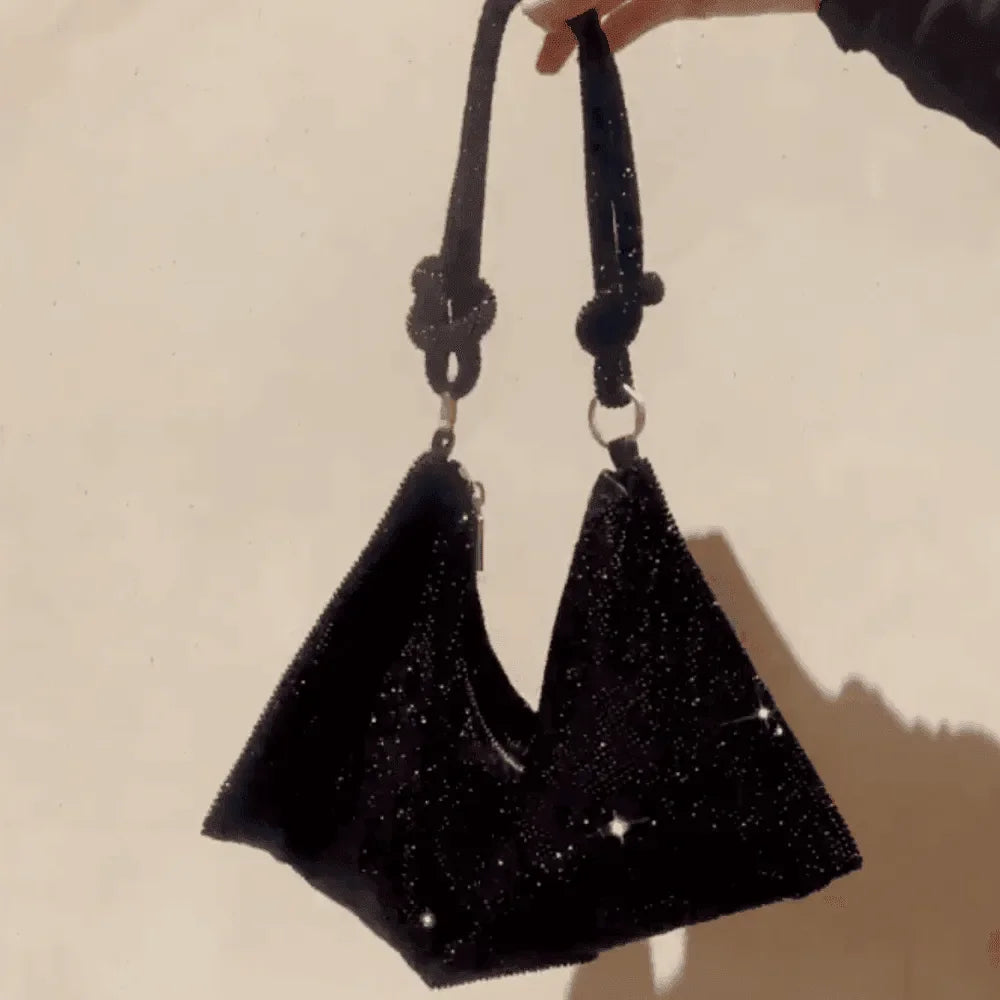 black rhinestone handbag with knotted strap