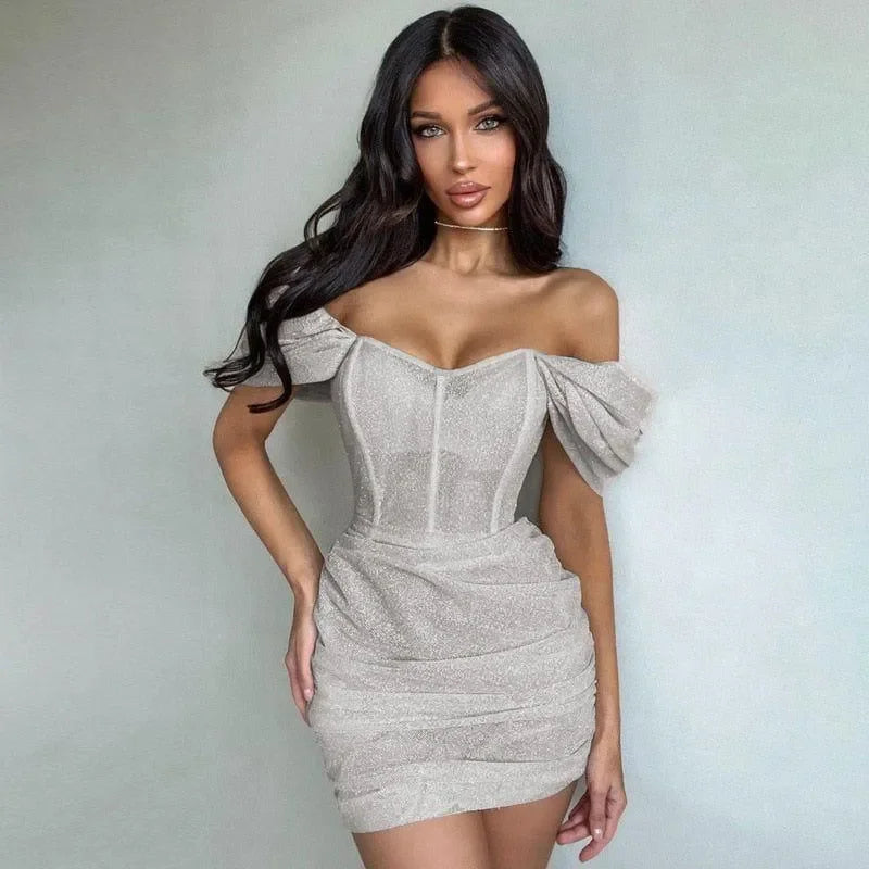 Foxglove Off Shoulder Ruched Mini Dress - Silver / S - Mermaid Way