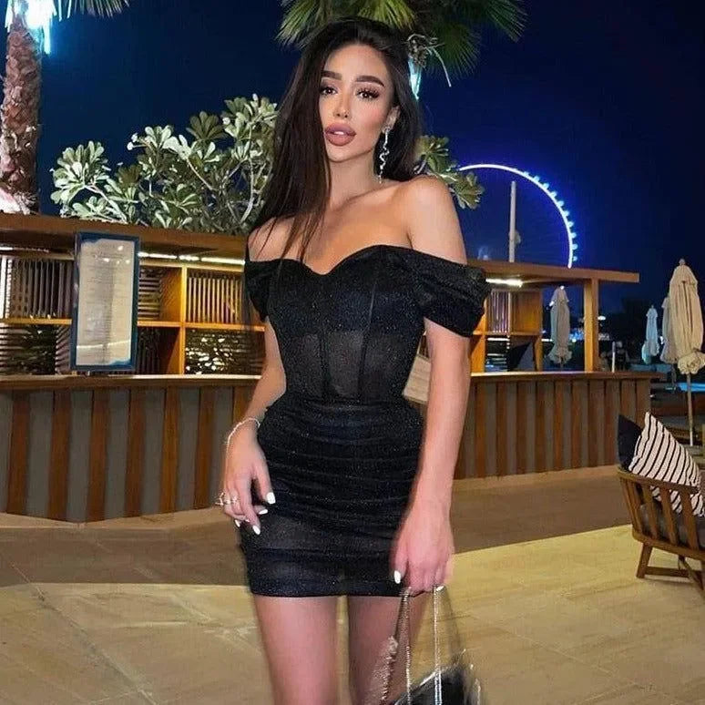 Foxglove Black Off Shoulder Ruched Mini Dress