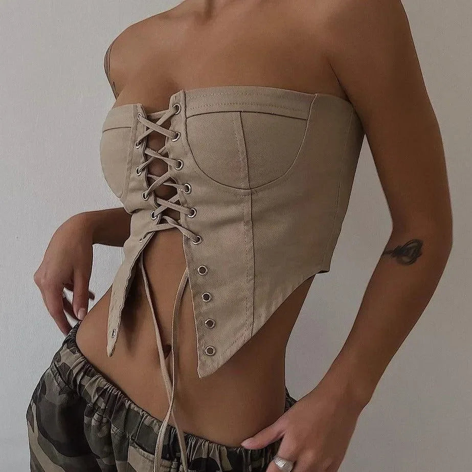 French Kiss Vintage Lace Up Corset Top in Khaki Khaki / S