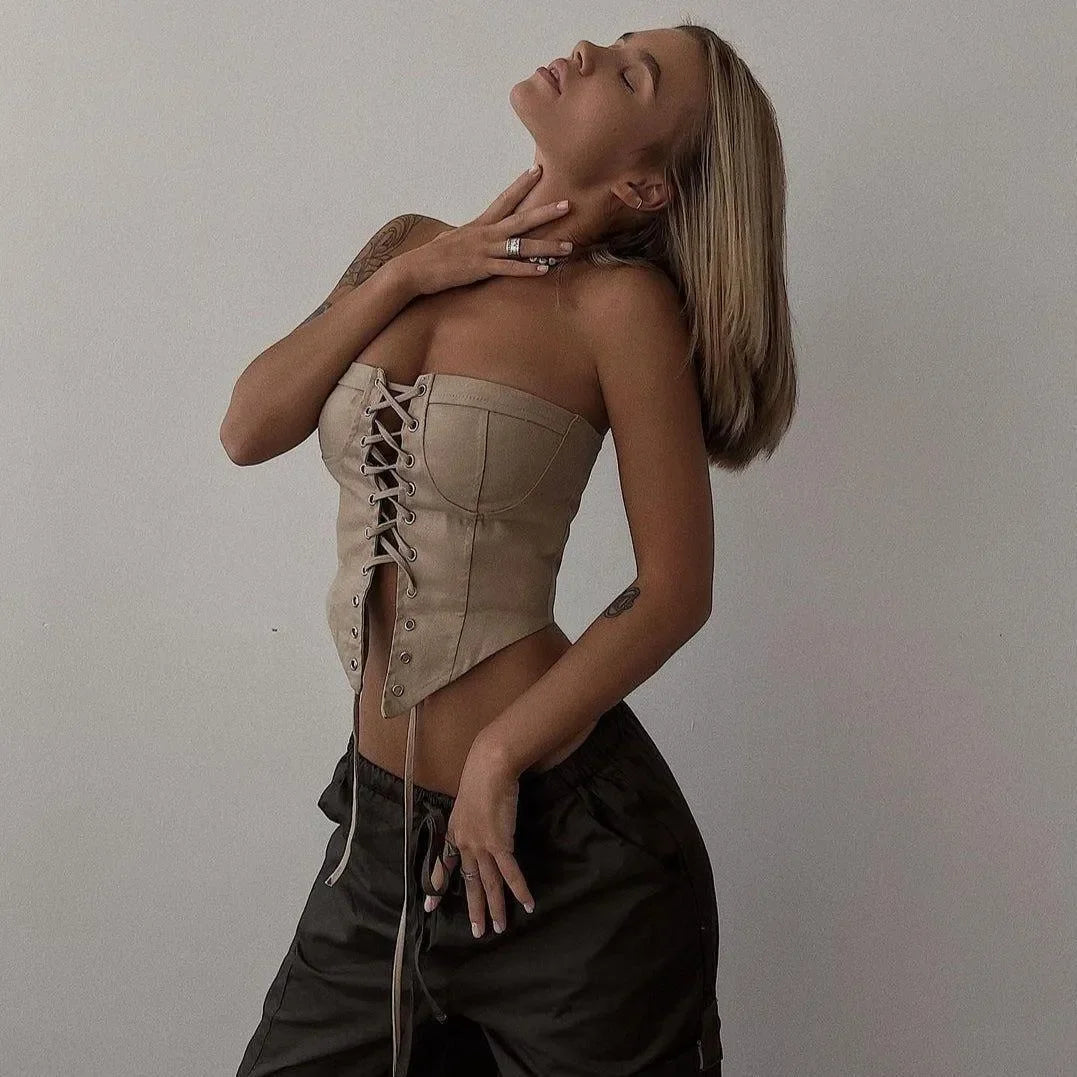 French Kiss Vintage Lace Up Corset Top - Khaki / S - Mermaid Way