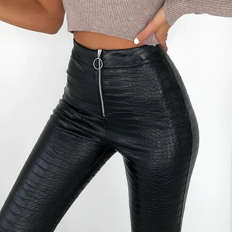 faux leather high-waisted pants with crocodile pattern, night-out style