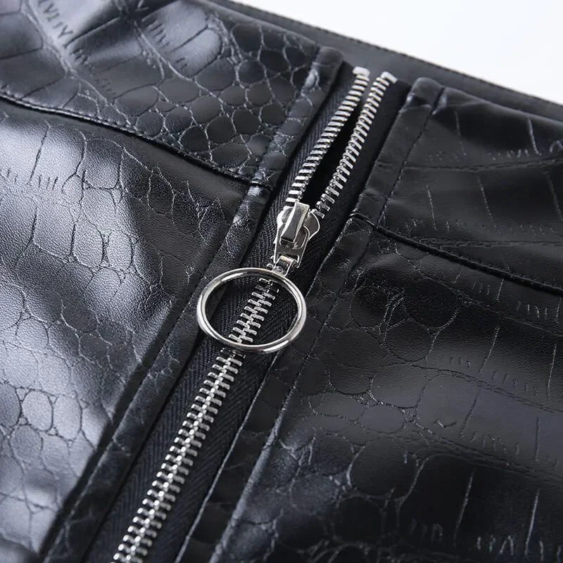 faux leather jacket with crocodile pattern and zipper detail