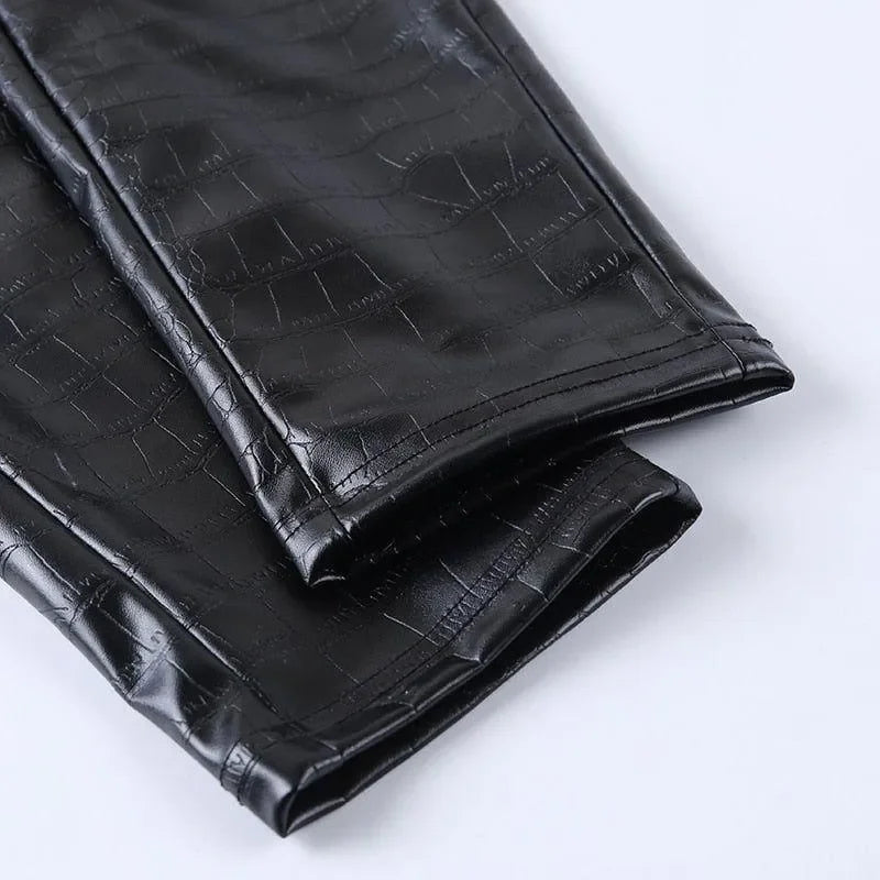 faux leather pants with crocodile texture, night-out style