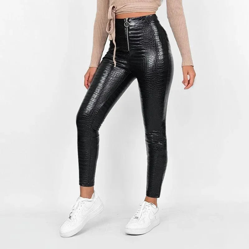black faux leather textured leggings, casual style