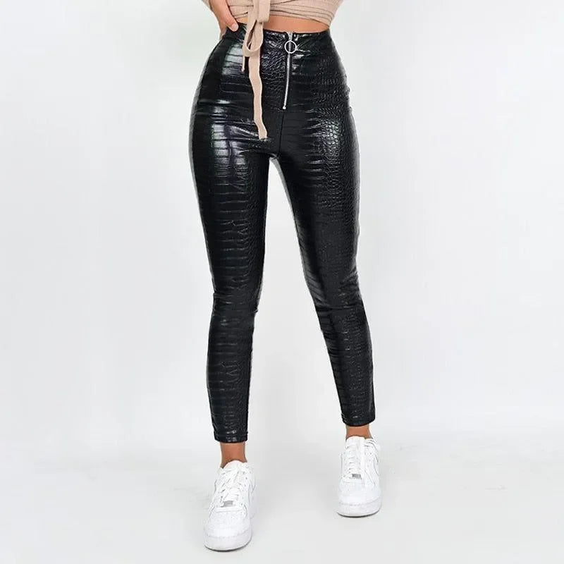 black faux leather high-waisted leggings, night-out style