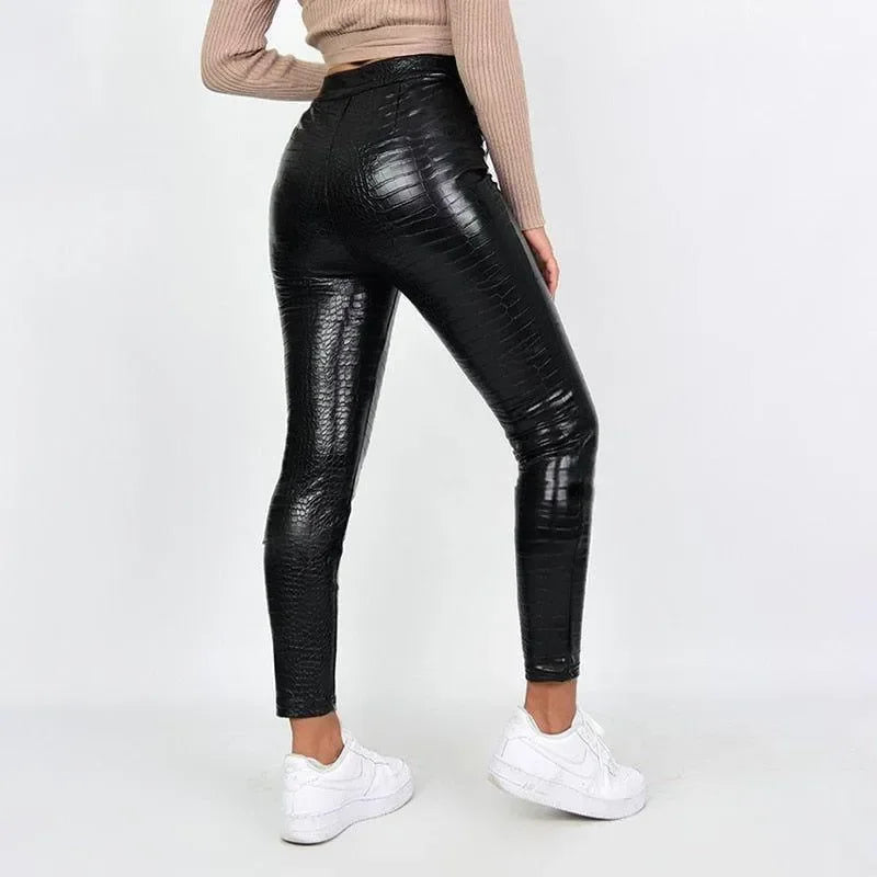 black high-waisted faux leather leggings with crocodile pattern